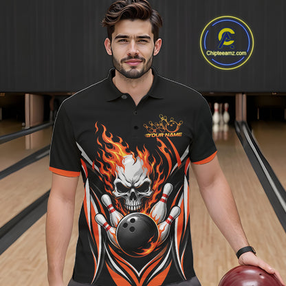 Custom Orange Flame Skull Bowling Men Polo Shirt, Halloween Bowling Jersey IPHW11698