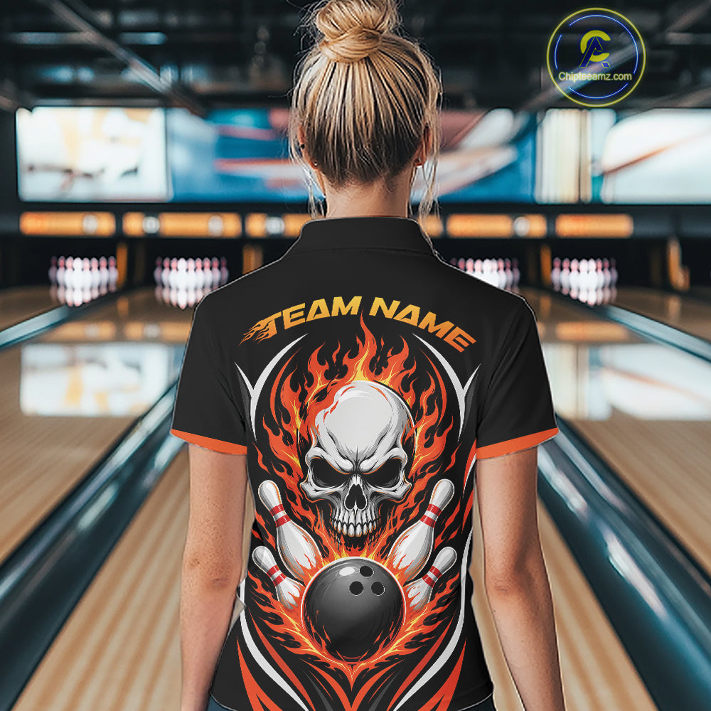Custom Orange Flame Skull Bowling Women Polo Shirt, Halloween Bowling Jersey IPHW11698