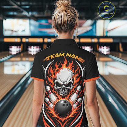Custom Orange Flame Skull Bowling Women Polo Shirt, Halloween Bowling Jersey IPHW11698