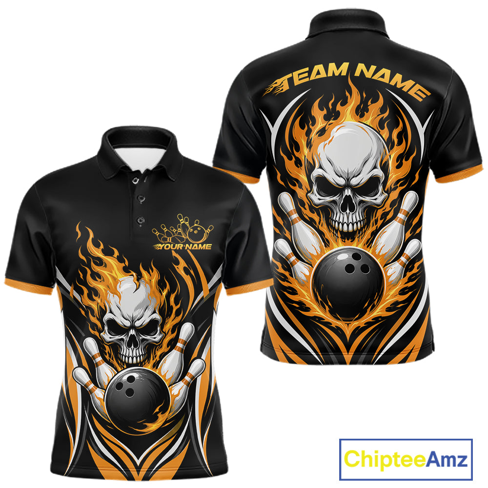 Custom Yellow Flame Skull Bowling Men Polo Shirt, Halloween Bowling Jersey IPHW11699