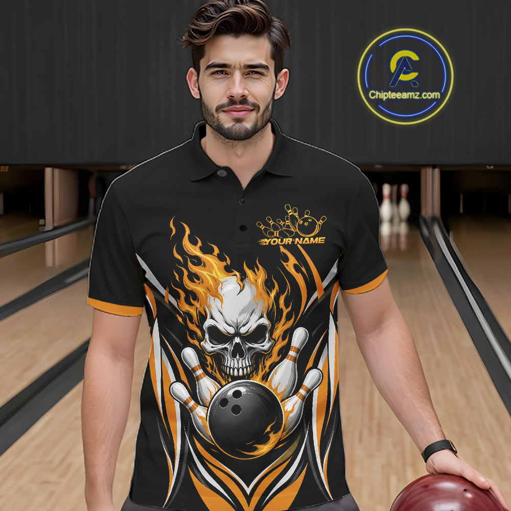 Custom Yellow Flame Skull Bowling Men Polo Shirt, Halloween Bowling Jersey IPHW11699
