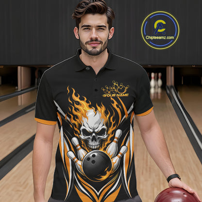 Custom Yellow Flame Skull Bowling Men Polo Shirt, Halloween Bowling Jersey IPHW11699