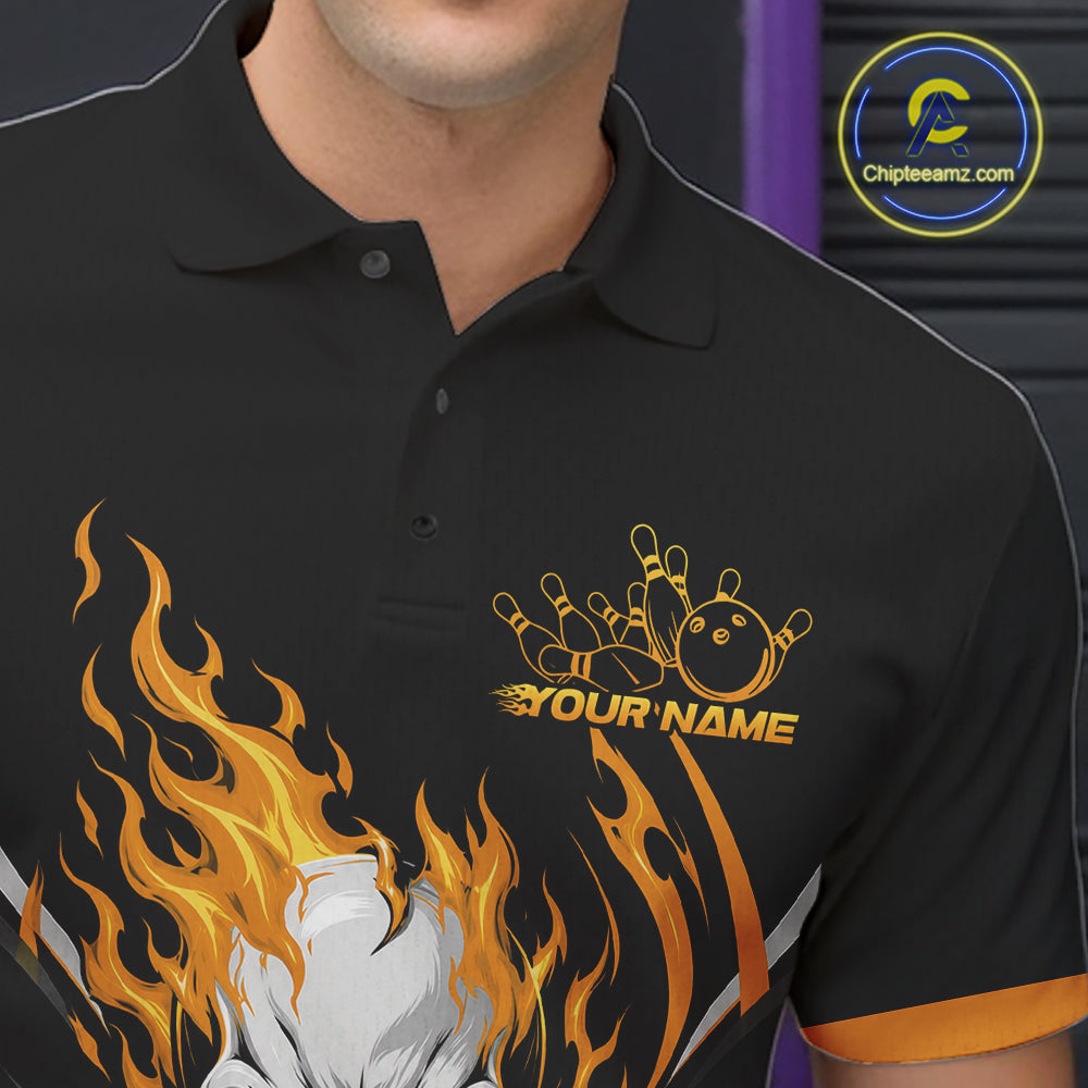 Custom Yellow Flame Skull Bowling Men Polo Shirt, Halloween Bowling Jersey IPHW11699