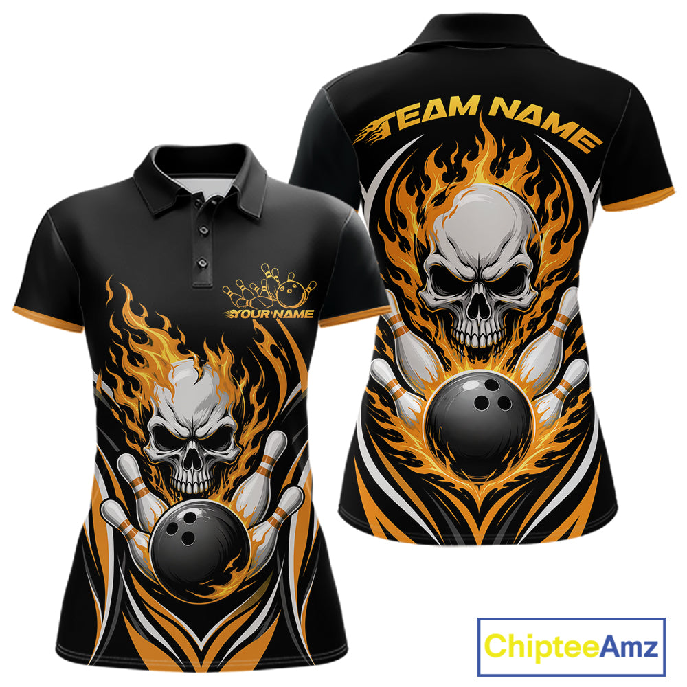 Custom Yellow Flame Skull Bowling Women Polo Shirt, Halloween Bowling Jersey IPHW11699
