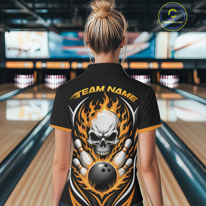 Custom Yellow Flame Skull Bowling Women Polo Shirt, Halloween Bowling Jersey IPHW11699