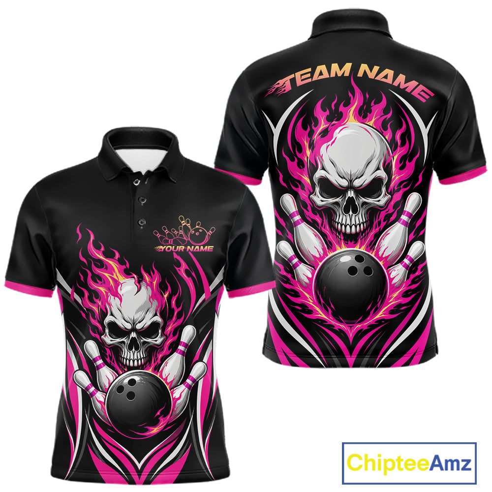 Custom Pink Flame Skull Bowling Men Polo Shirt, Halloween Bowling Jersey IPHW11700