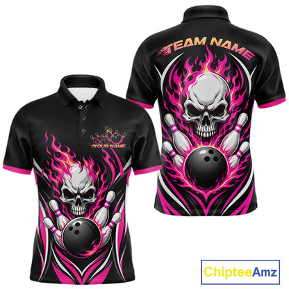 Custom Pink Flame Skull Bowling Men Polo Shirt, Halloween Bowling Jersey IPHW11700