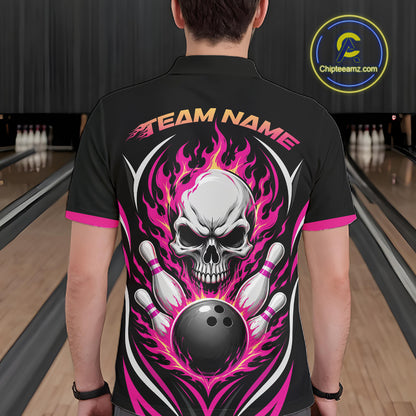 Custom Pink Flame Skull Bowling Men Polo Shirt, Halloween Bowling Jersey IPHW11700