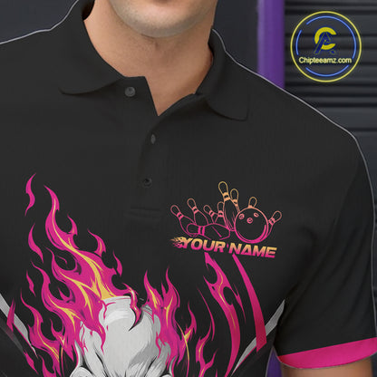 Custom Pink Flame Skull Bowling Men Polo Shirt, Halloween Bowling Jersey IPHW11700