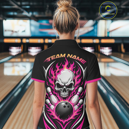 Custom Pink Flame Skull Bowling Women Polo Shirt, Halloween Bowling Jersey IPHW11700