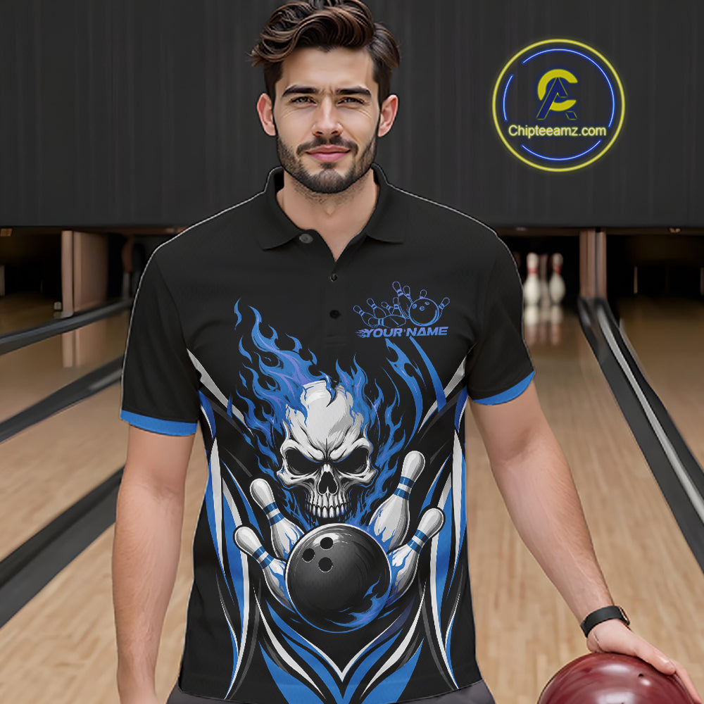 Custom Blue Flame Skull Bowling Men Polo Shirt, Halloween Bowling Jersey IPHW11701
