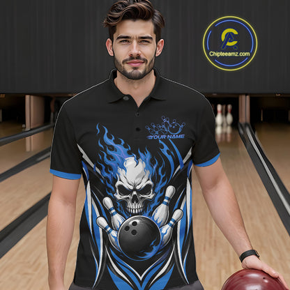 Custom Blue Flame Skull Bowling Men Polo Shirt, Halloween Bowling Jersey IPHW11701