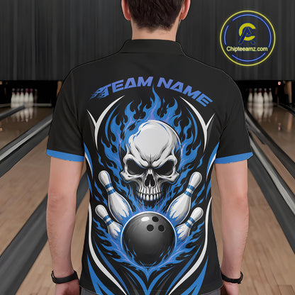 Custom Blue Flame Skull Bowling Men Polo Shirt, Halloween Bowling Jersey IPHW11701