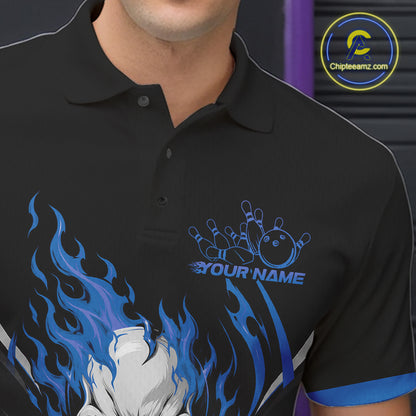 Custom Blue Flame Skull Bowling Men Polo Shirt, Halloween Bowling Jersey IPHW11701