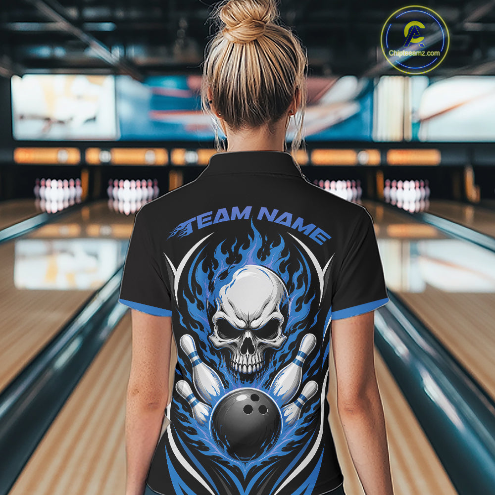 Custom Blue Flame Skull Bowling Women Polo Shirt, Halloween Bowling Jersey IPHW11701