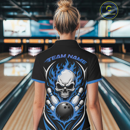Custom Blue Flame Skull Bowling Women Polo Shirt, Halloween Bowling Jersey IPHW11701