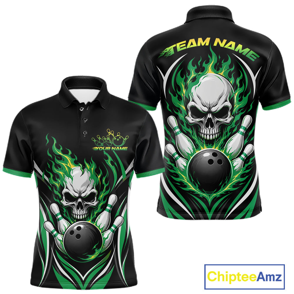 Custom Green Flame Skull Bowling Men Polo Shirt, Halloween Bowling Jersey IPHW11702