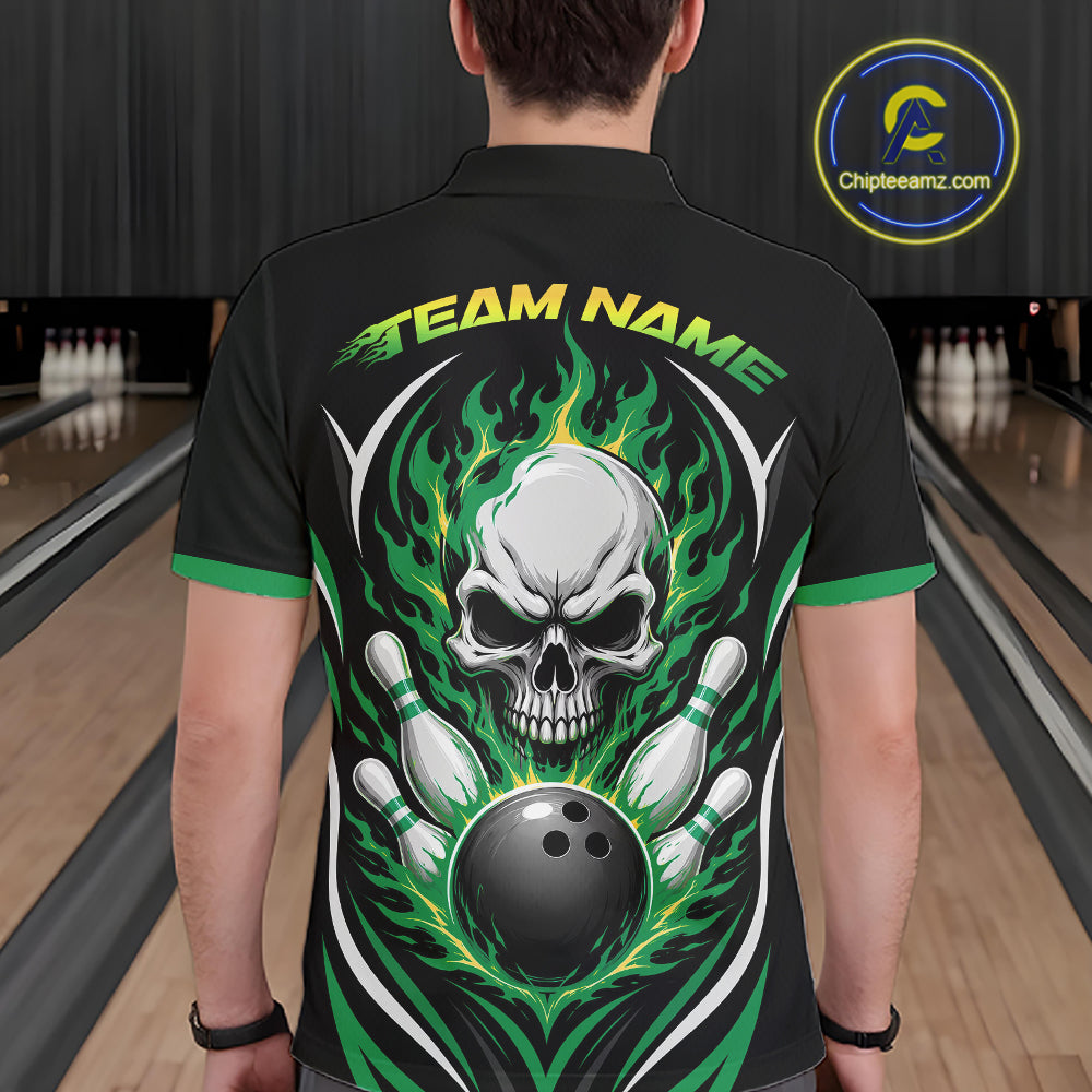 Custom Green Flame Skull Bowling Men Polo Shirt, Halloween Bowling Jersey IPHW11702