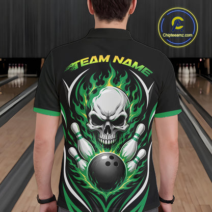 Custom Green Flame Skull Bowling Men Polo Shirt, Halloween Bowling Jersey IPHW11702