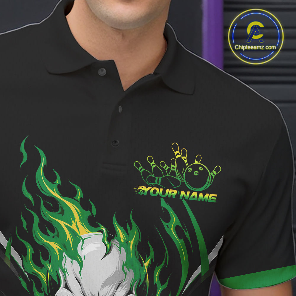 Custom Green Flame Skull Bowling Men Polo Shirt, Halloween Bowling Jersey IPHW11702