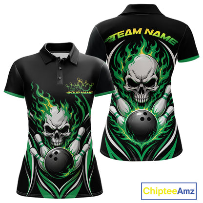 Custom Green Flame Skull Bowling Women Polo Shirt, Halloween Bowling Jersey IPHW11702