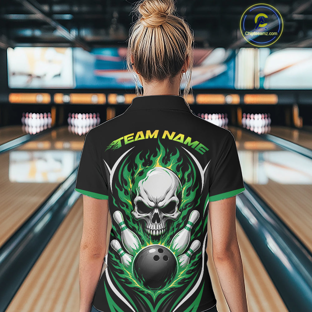 Custom Green Flame Skull Bowling Women Polo Shirt, Halloween Bowling Jersey IPHW11702