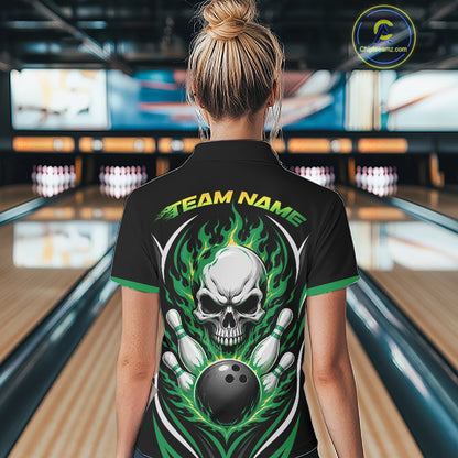 Custom Green Flame Skull Bowling Women Polo Shirt, Halloween Bowling Jersey IPHW11702