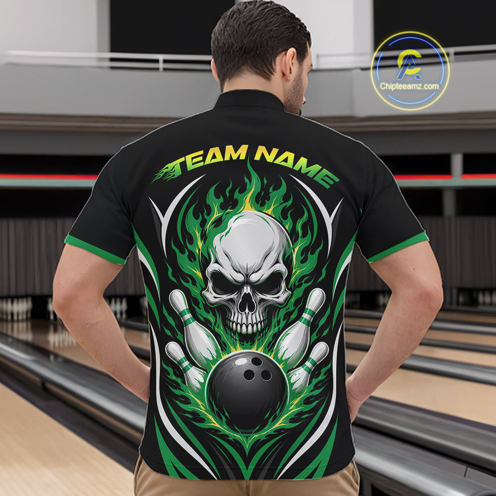 Custom Green Flame Skull Bowling Men Quarter Zip Shirt, Halloween Bowling Jersey IPHW11702