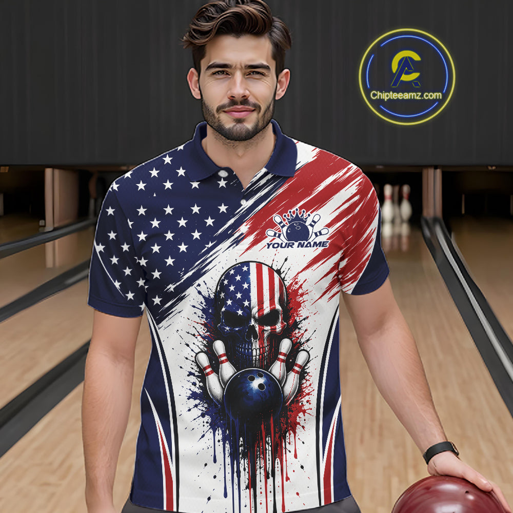 Custom Patriotic American Flag Skull Bowling Team Men Polo Shirt, US Flag Bowling Jersey IPHW11703
