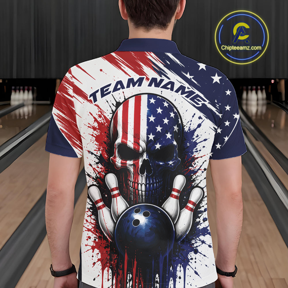 Custom Patriotic American Flag Skull Bowling Team Men Polo Shirt, US Flag Bowling Jersey IPHW11703