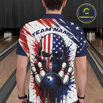 Custom Patriotic American Flag Skull Bowling Team Men Polo Shirt, US Flag Bowling Jersey IPHW11703