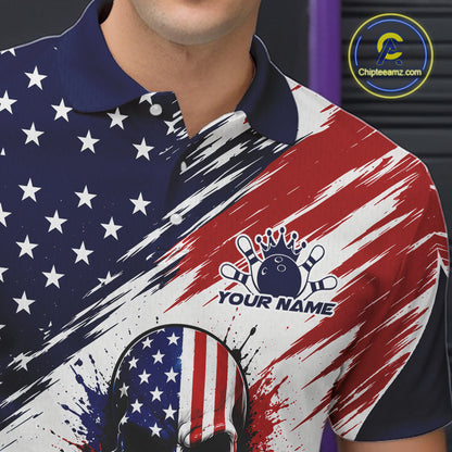 Custom Patriotic American Flag Skull Bowling Team Men Polo Shirt, US Flag Bowling Jersey IPHW11703