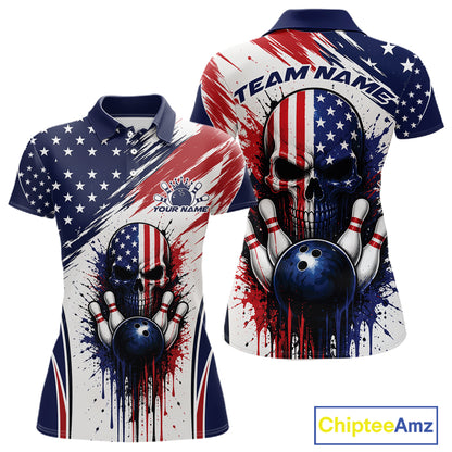 Custom Patriotic American Flag Skull Bowling Team Women Polo Shirt, US Flag Bowling Jersey IPHW11703