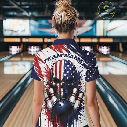 Custom Patriotic American Flag Skull Bowling Team Women Polo Shirt, US Flag Bowling Jersey IPHW11703