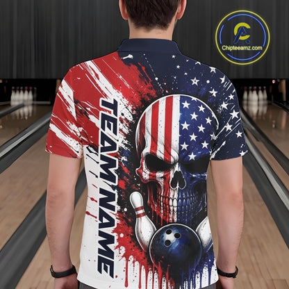 Custom Patriotic American Flag Skull Bowling Team Men Polo Shirt, US Flag Bowling Jersey IPHW11704