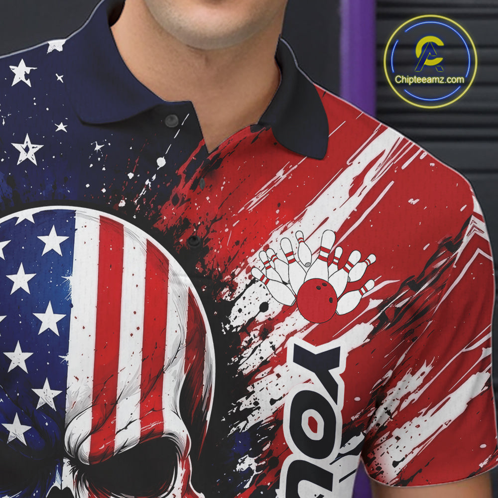 Custom Patriotic American Flag Skull Bowling Team Men Polo Shirt, US Flag Bowling Jersey IPHW11704