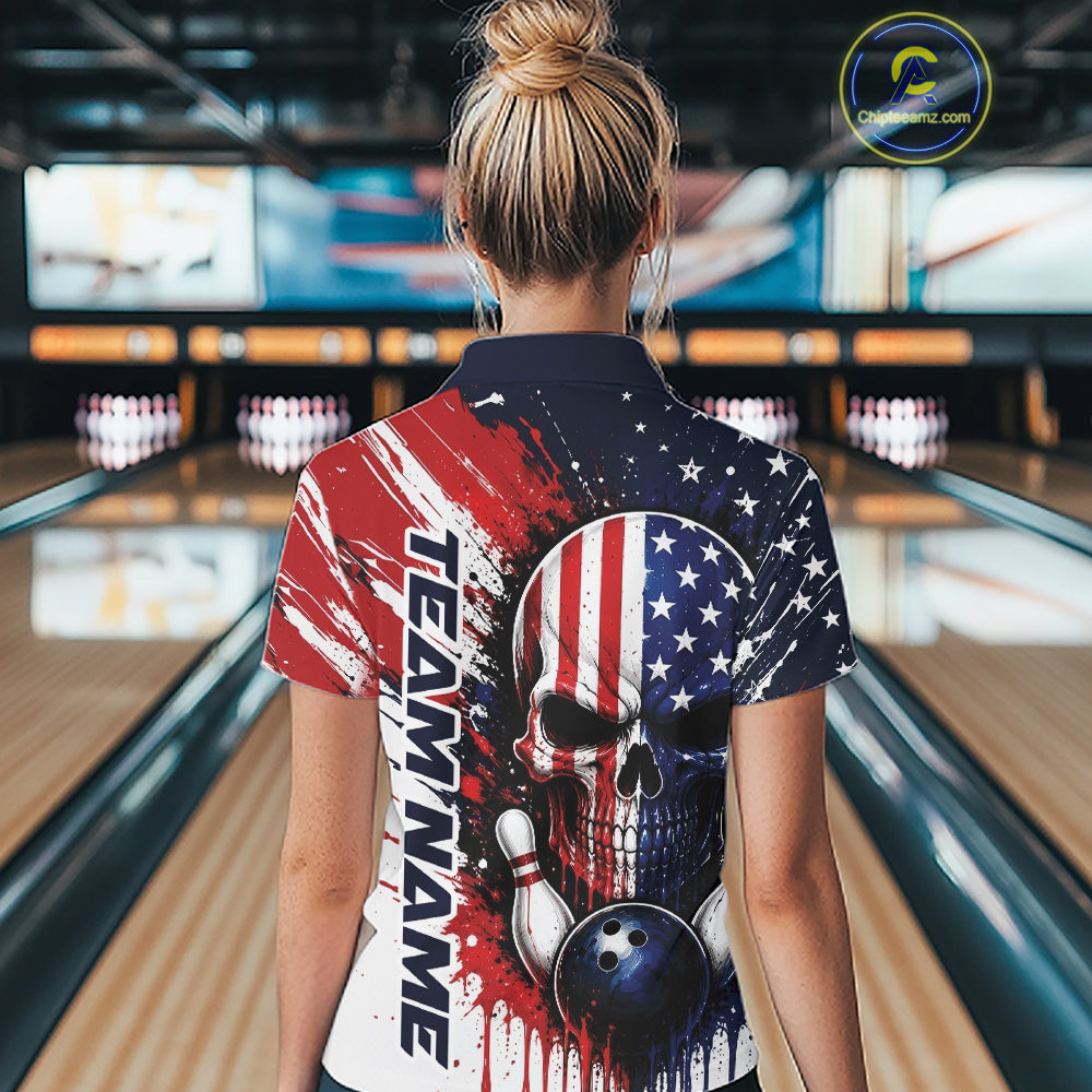 Custom Patriotic American Flag Skull Bowling Team Women Polo Shirt, US Flag Bowling Jersey IPHW11704