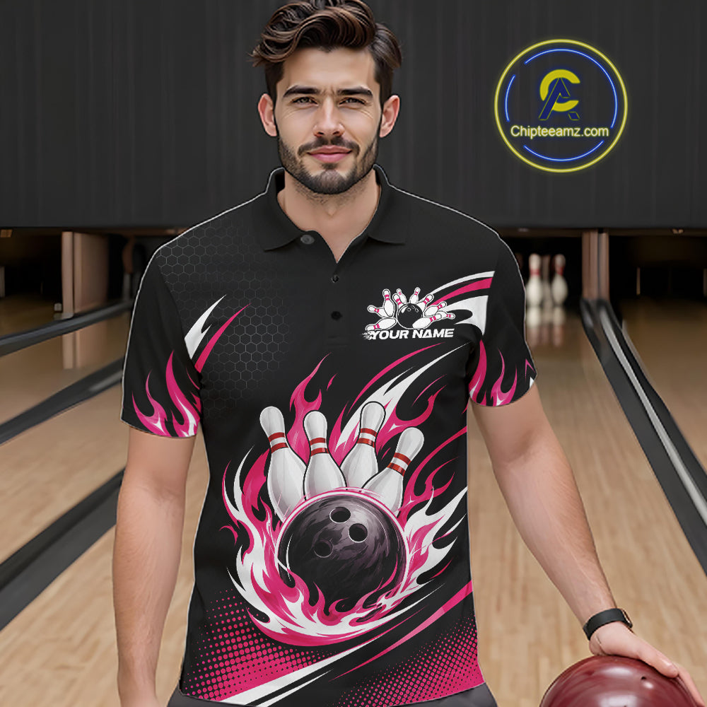 Custom Pink Flame Bowling Jerseys, Bowling Team Men Polo Shirt Bowlers Outfit IPHW11705