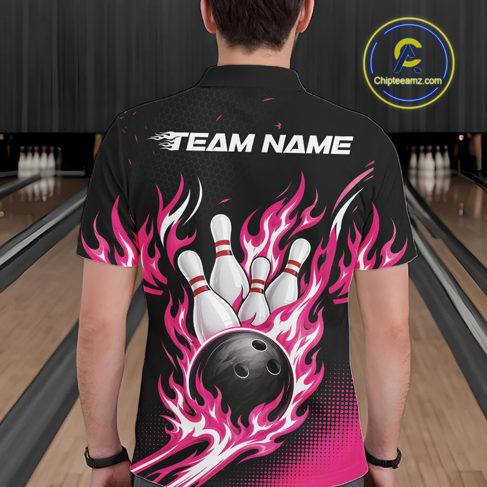 Custom Pink Flame Bowling Jerseys, Bowling Team Men Polo Shirt Bowlers Outfit IPHW11705