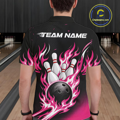 Custom Pink Flame Bowling Jerseys, Bowling Team Men Polo Shirt Bowlers Outfit IPHW11705