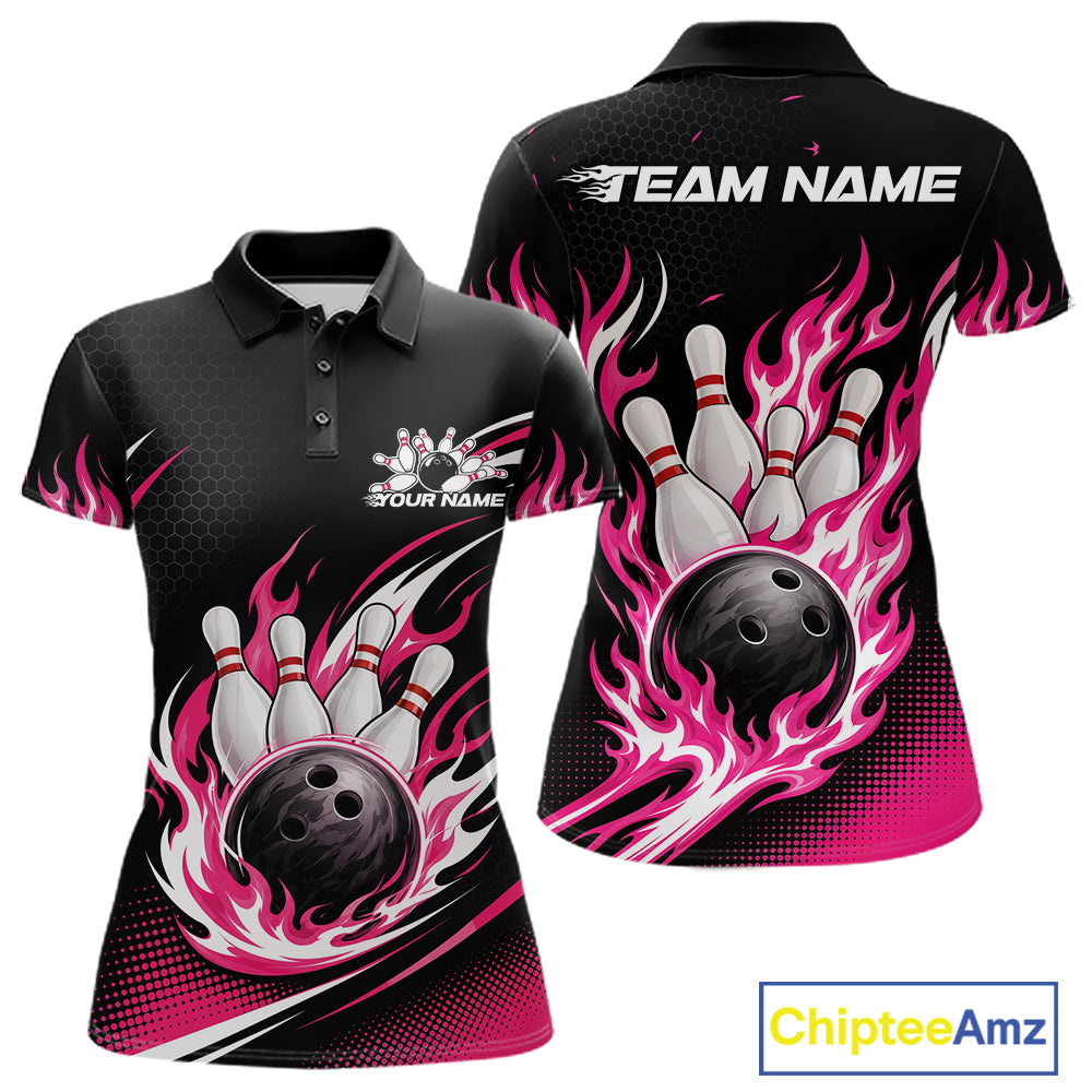 Custom Pink Flame Bowling Jerseys, Bowling Team Women Polo Shirt Bowlers Outfit IPHW11705