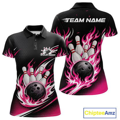 Custom Pink Flame Bowling Jerseys, Bowling Team Women Polo Shirt Bowlers Outfit IPHW11705