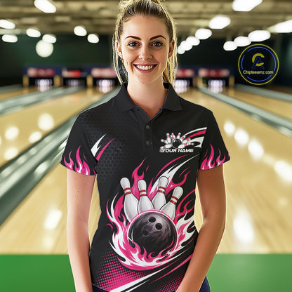 Custom Pink Flame Bowling Jerseys, Bowling Team Women Polo Shirt Bowlers Outfit IPHW11705