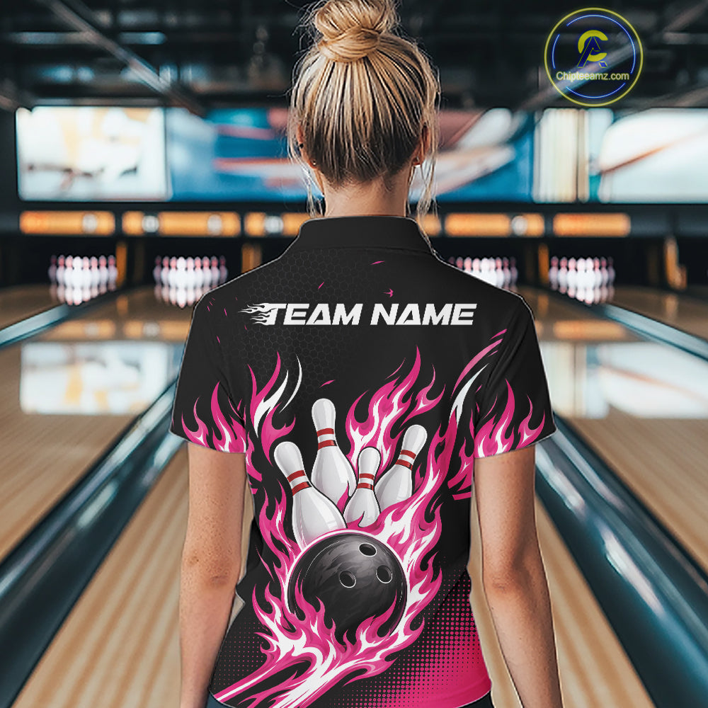 Custom Pink Flame Bowling Jerseys, Bowling Team Women Polo Shirt Bowlers Outfit IPHW11705