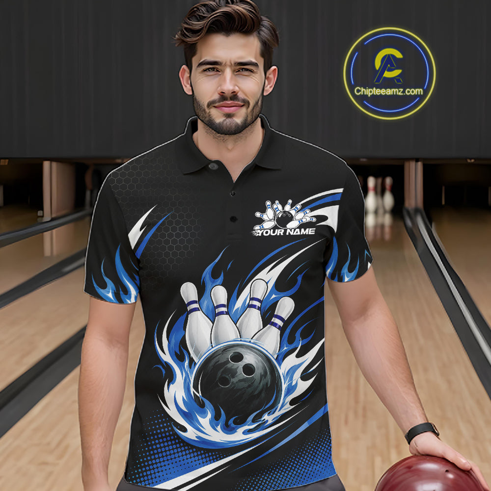 Custom Blue Flame Bowling Jerseys, Bowling Team Men Polo Shirt Bowlers Outfit IPHW11706