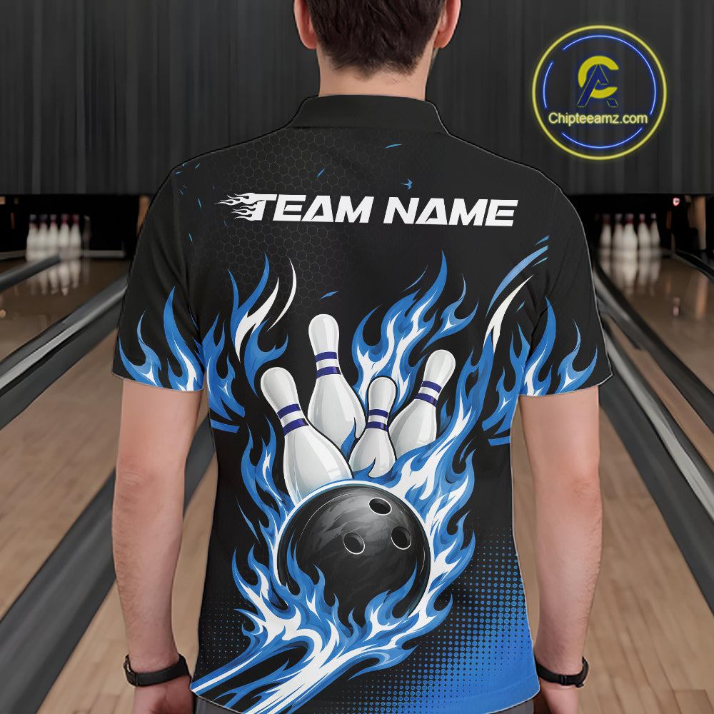 Custom Blue Flame Bowling Jerseys, Bowling Team Men Polo Shirt Bowlers Outfit IPHW11706