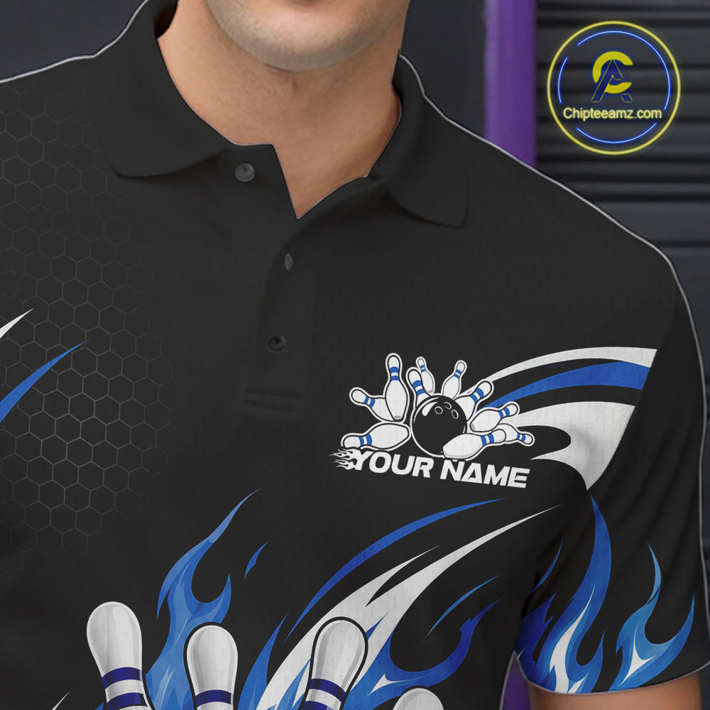 Custom Blue Flame Bowling Jerseys, Bowling Team Men Polo Shirt Bowlers Outfit IPHW11706