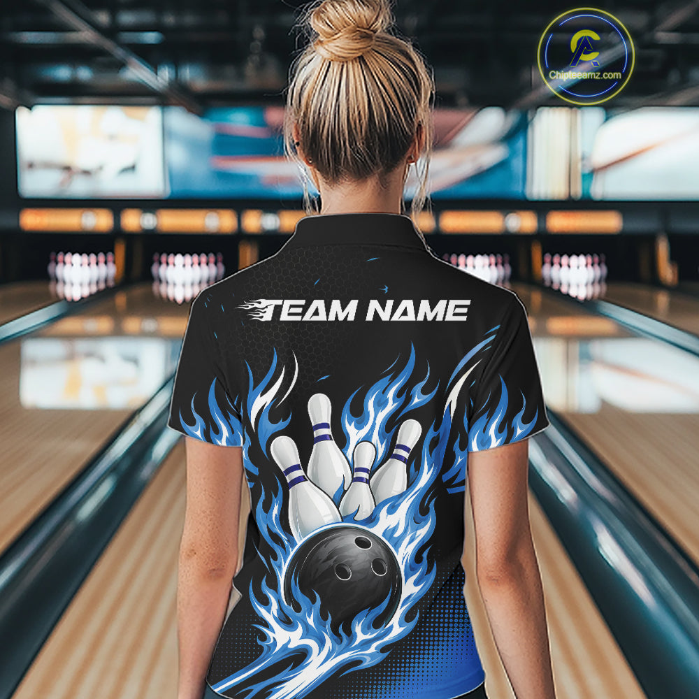 Custom Blue Flame Bowling Jerseys, Bowling Team Women Polo Shirt Bowlers Outfit IPHW11706