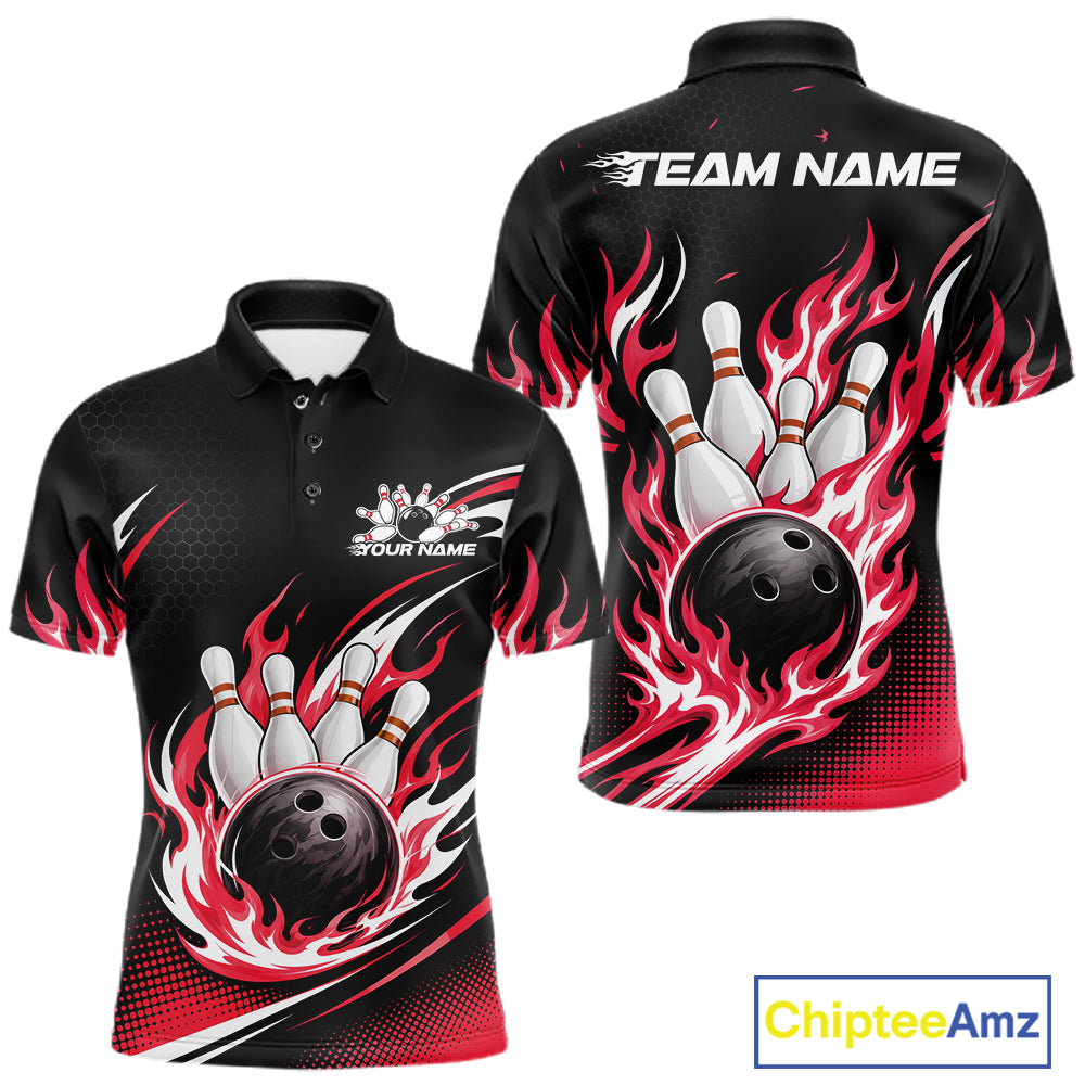 Custom Red Flame Bowling Jerseys, Bowling Team Men Polo Shirt Bowlers Outfit IPHW11707