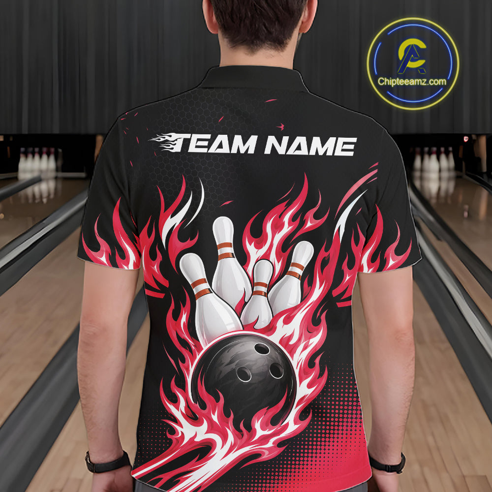 Custom Red Flame Bowling Jerseys, Bowling Team Men Polo Shirt Bowlers Outfit IPHW11707
